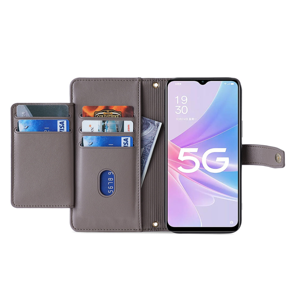 For Oppo A58 5G Textured PU Leather Wallet Case Multiple Card Slots Magnetic Closure Zipper Pocket Stand Phone Cover with Wrist Strap and Shoulder Strap