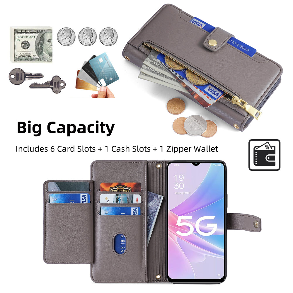 For Oppo A58 5G Textured PU Leather Wallet Case Multiple Card Slots Magnetic Closure Zipper Pocket Stand Phone Cover with Wrist Strap and Shoulder Strap