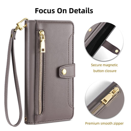 For Oppo A58 5G Textured PU Leather Wallet Case Multiple Card Slots Magnetic Closure Zipper Pocket Stand Phone Cover with Wrist Strap and Shoulder Strap