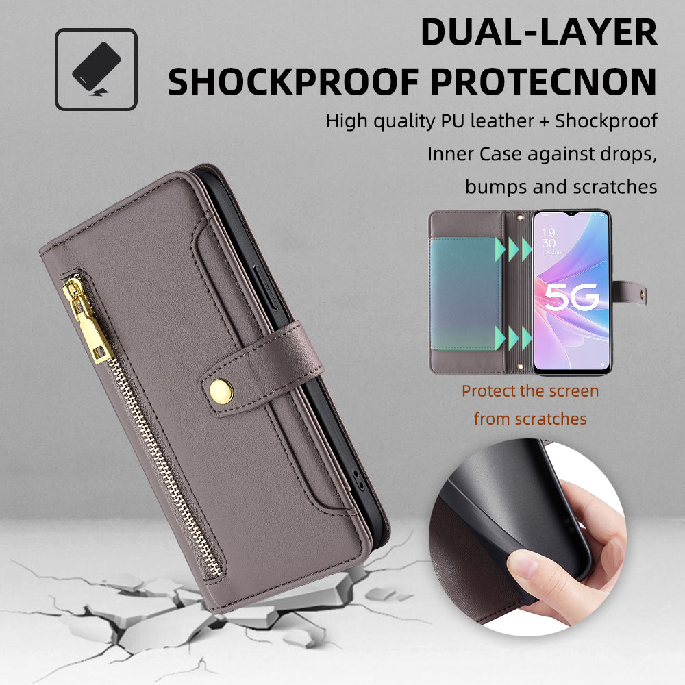 For Oppo A58 5G Textured PU Leather Wallet Case Multiple Card Slots Magnetic Closure Zipper Pocket Stand Phone Cover with Wrist Strap and Shoulder Strap