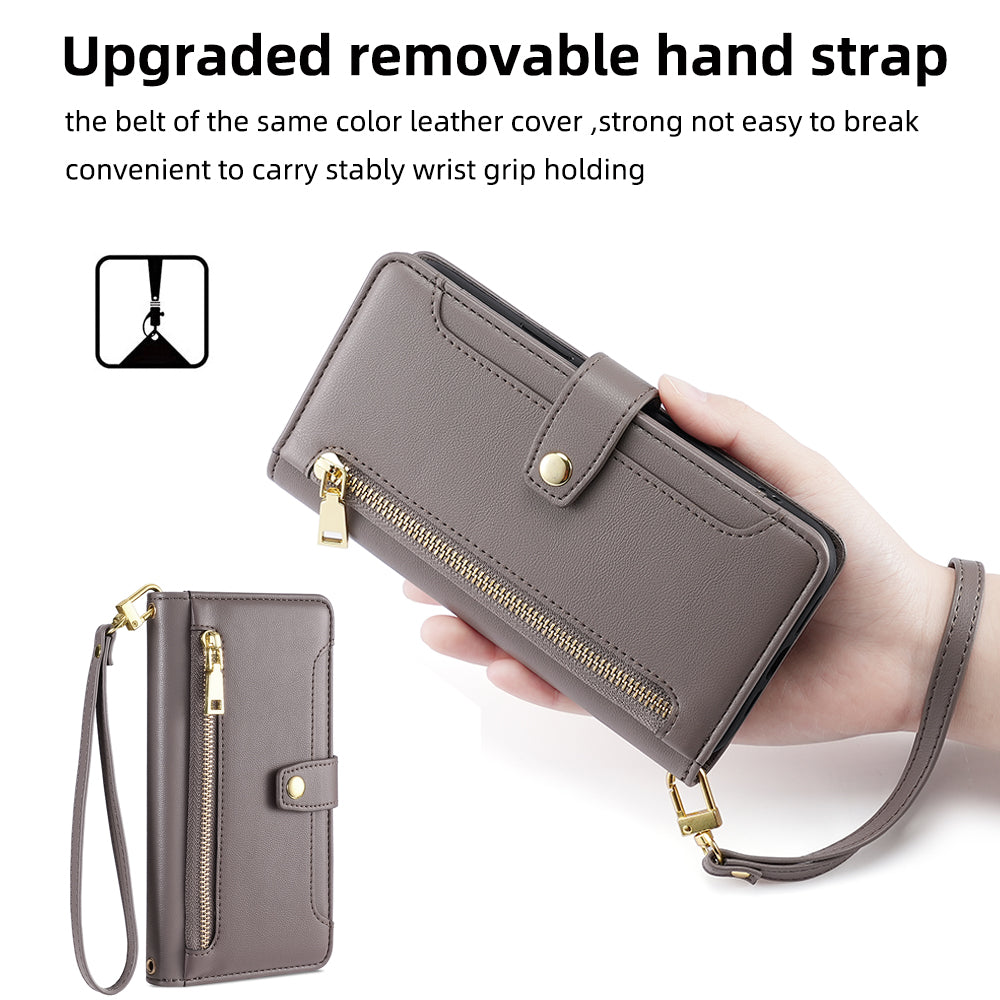 For Oppo A58 5G Textured PU Leather Wallet Case Multiple Card Slots Magnetic Closure Zipper Pocket Stand Phone Cover with Wrist Strap and Shoulder Strap
