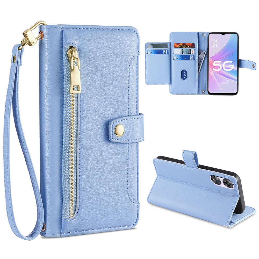 For Oppo A58 5G Textured PU Leather Wallet Case Multiple Card Slots Magnetic Closure Zipper Pocket Stand Phone Cover with Wrist Strap and Shoulder Strap