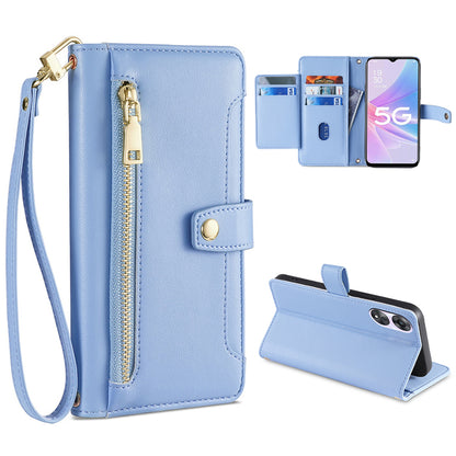 For Oppo A58 5G Textured PU Leather Wallet Case Multiple Card Slots Magnetic Closure Zipper Pocket Stand Phone Cover with Wrist Strap and Shoulder Strap