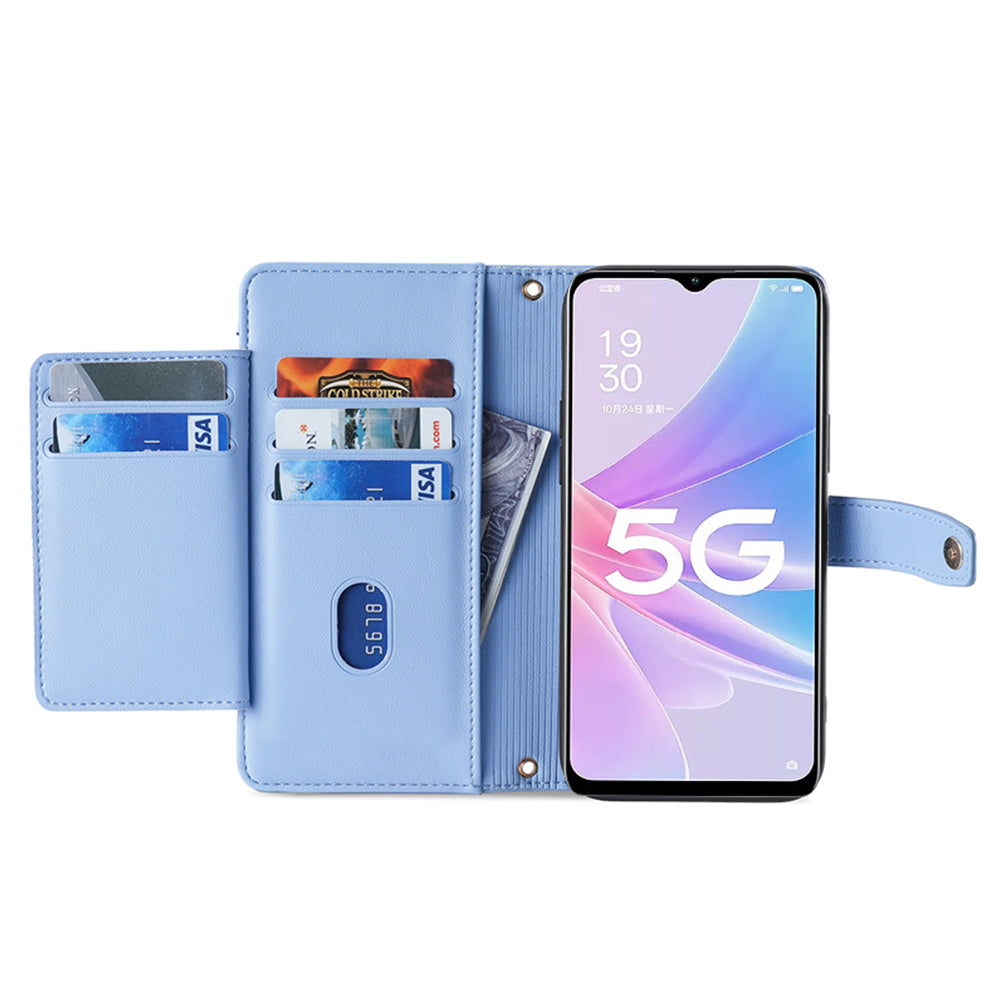 For Oppo A58 5G Textured PU Leather Wallet Case Multiple Card Slots Magnetic Closure Zipper Pocket Stand Phone Cover with Wrist Strap and Shoulder Strap