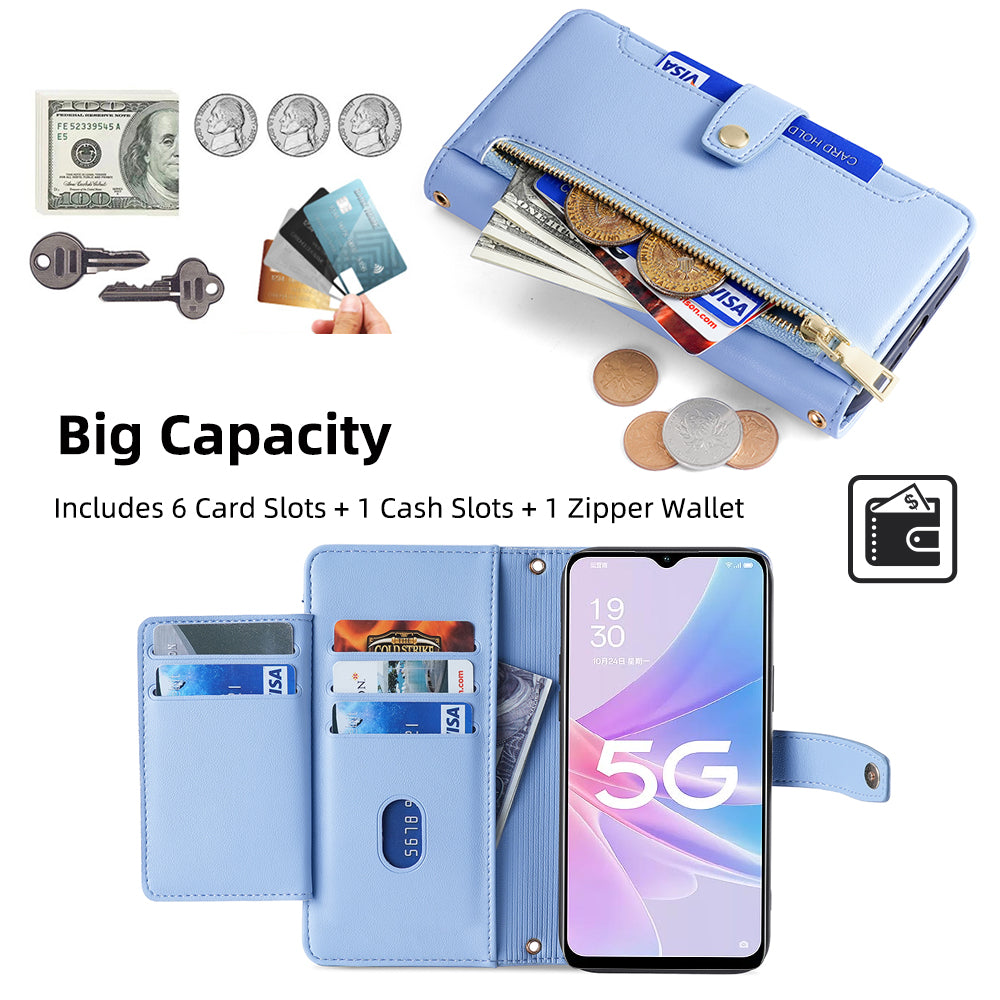 For Oppo A58 5G Textured PU Leather Wallet Case Multiple Card Slots Magnetic Closure Zipper Pocket Stand Phone Cover with Wrist Strap and Shoulder Strap