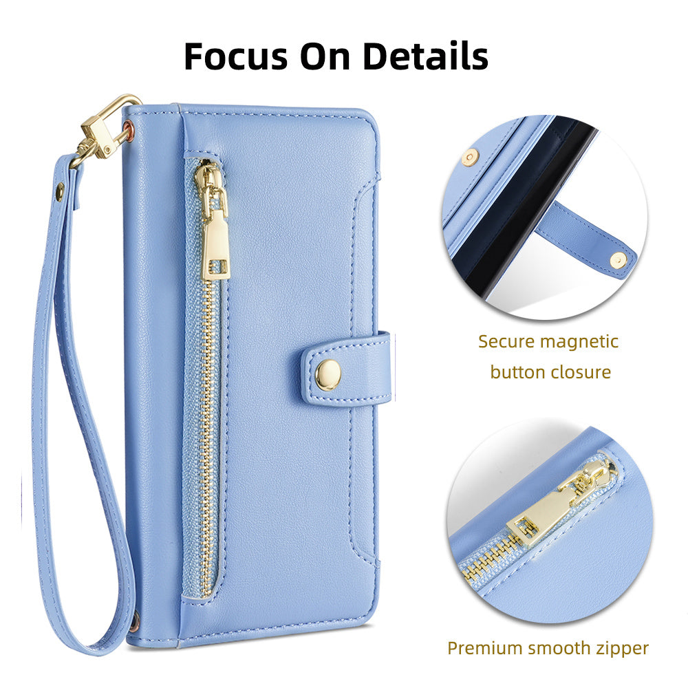 For Oppo A58 5G Textured PU Leather Wallet Case Multiple Card Slots Magnetic Closure Zipper Pocket Stand Phone Cover with Wrist Strap and Shoulder Strap