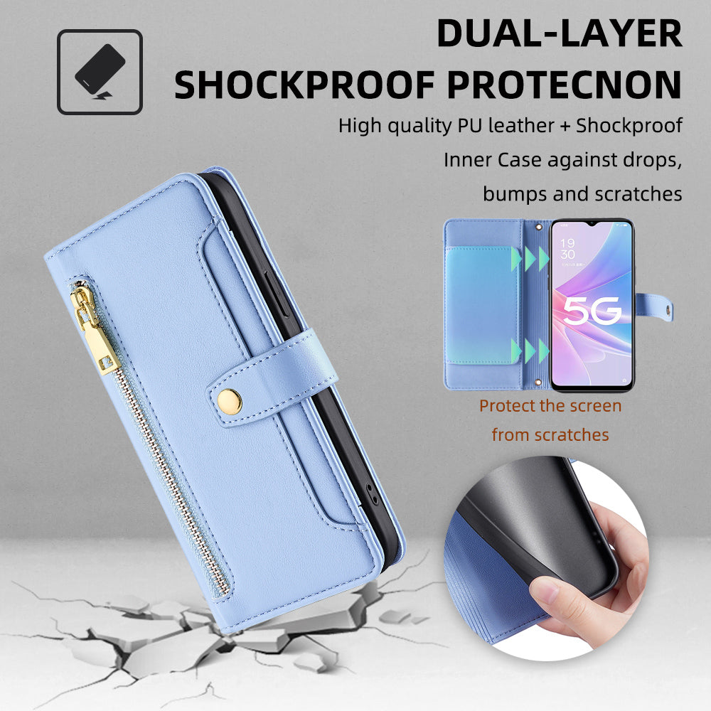 For Oppo A58 5G Textured PU Leather Wallet Case Multiple Card Slots Magnetic Closure Zipper Pocket Stand Phone Cover with Wrist Strap and Shoulder Strap