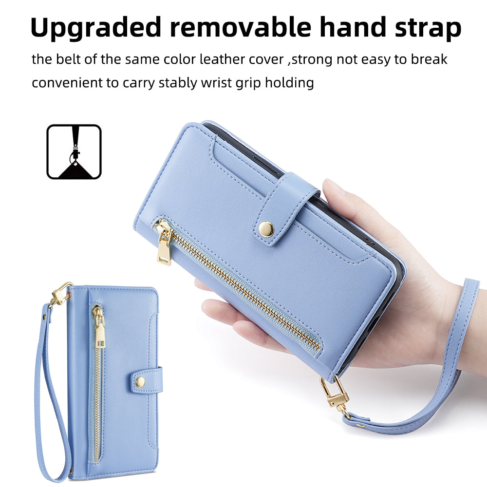 For Oppo A58 5G Textured PU Leather Wallet Case Multiple Card Slots Magnetic Closure Zipper Pocket Stand Phone Cover with Wrist Strap and Shoulder Strap