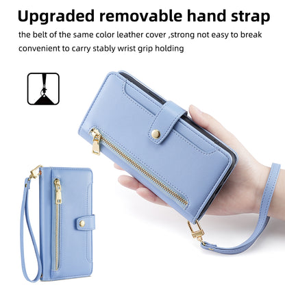 For Oppo A58 5G Textured PU Leather Wallet Case Multiple Card Slots Magnetic Closure Zipper Pocket Stand Phone Cover with Wrist Strap and Shoulder Strap