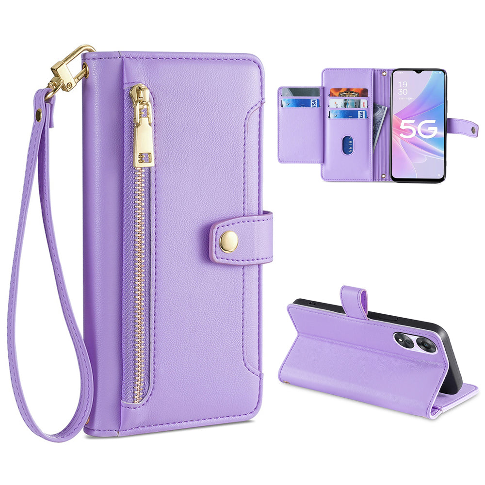 For Oppo A58 5G Textured PU Leather Wallet Case Multiple Card Slots Magnetic Closure Zipper Pocket Stand Phone Cover with Wrist Strap and Shoulder Strap