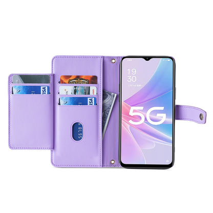 For Oppo A58 5G Textured PU Leather Wallet Case Multiple Card Slots Magnetic Closure Zipper Pocket Stand Phone Cover with Wrist Strap and Shoulder Strap