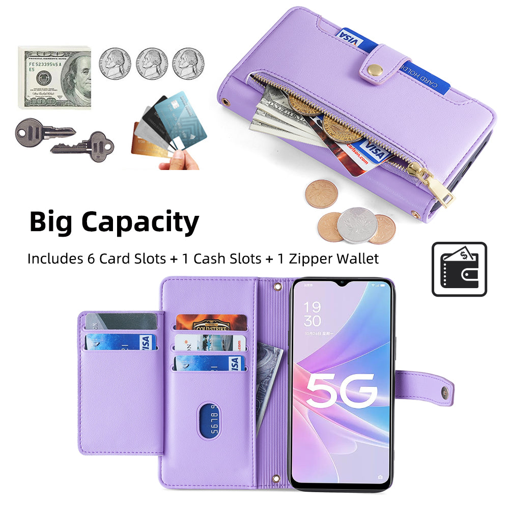 For Oppo A58 5G Textured PU Leather Wallet Case Multiple Card Slots Magnetic Closure Zipper Pocket Stand Phone Cover with Wrist Strap and Shoulder Strap