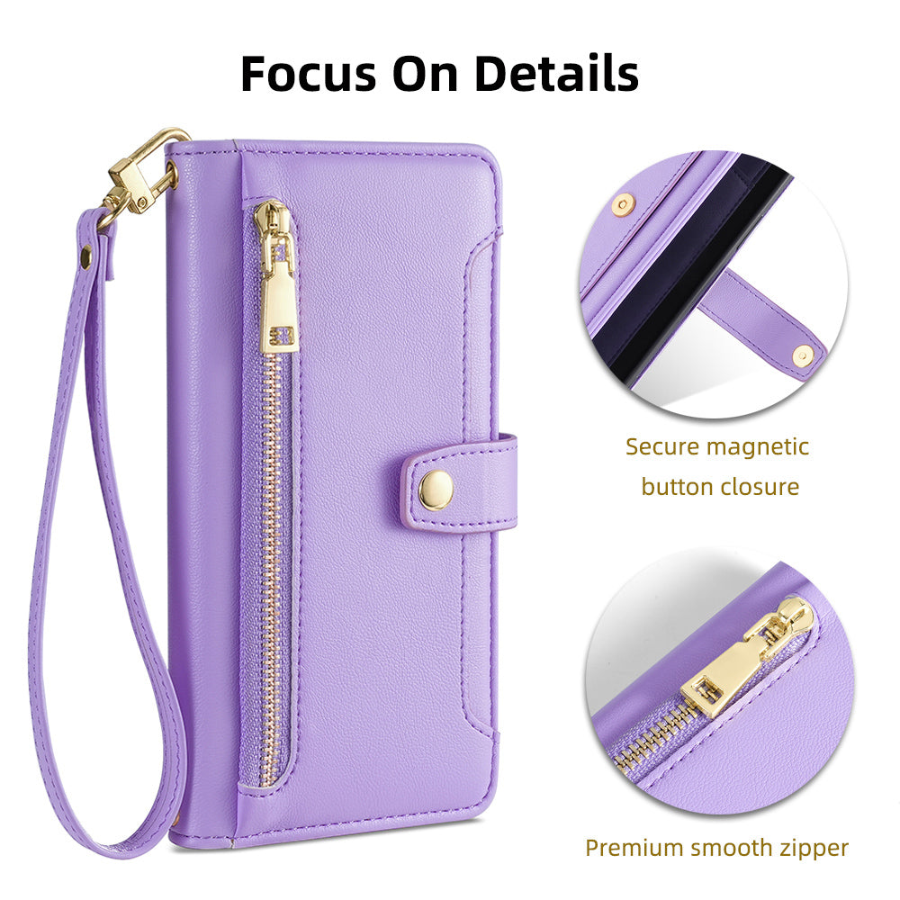 For Oppo A58 5G Textured PU Leather Wallet Case Multiple Card Slots Magnetic Closure Zipper Pocket Stand Phone Cover with Wrist Strap and Shoulder Strap