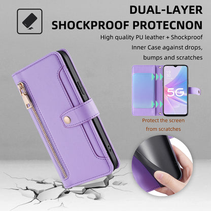 For Oppo A58 5G Textured PU Leather Wallet Case Multiple Card Slots Magnetic Closure Zipper Pocket Stand Phone Cover with Wrist Strap and Shoulder Strap
