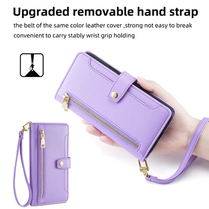 For Oppo A58 5G Textured PU Leather Wallet Case Multiple Card Slots Magnetic Closure Zipper Pocket Stand Phone Cover with Wrist Strap and Shoulder Strap