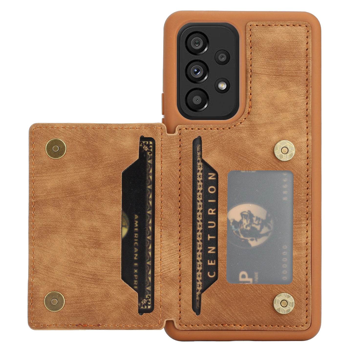 For Samsung Galaxy A53 5G PU Leather Coated TPU Back Case Kickstand Magnetic Clasp Shockproof Cover with Dual Card Holder and Strap