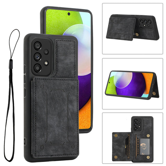 For Samsung Galaxy A52 4G / 5G / A52s 5G Dual Card Holder Magnetic Phone Case PU Leather Coated TPU Kickstand Protective Cover with Strap
