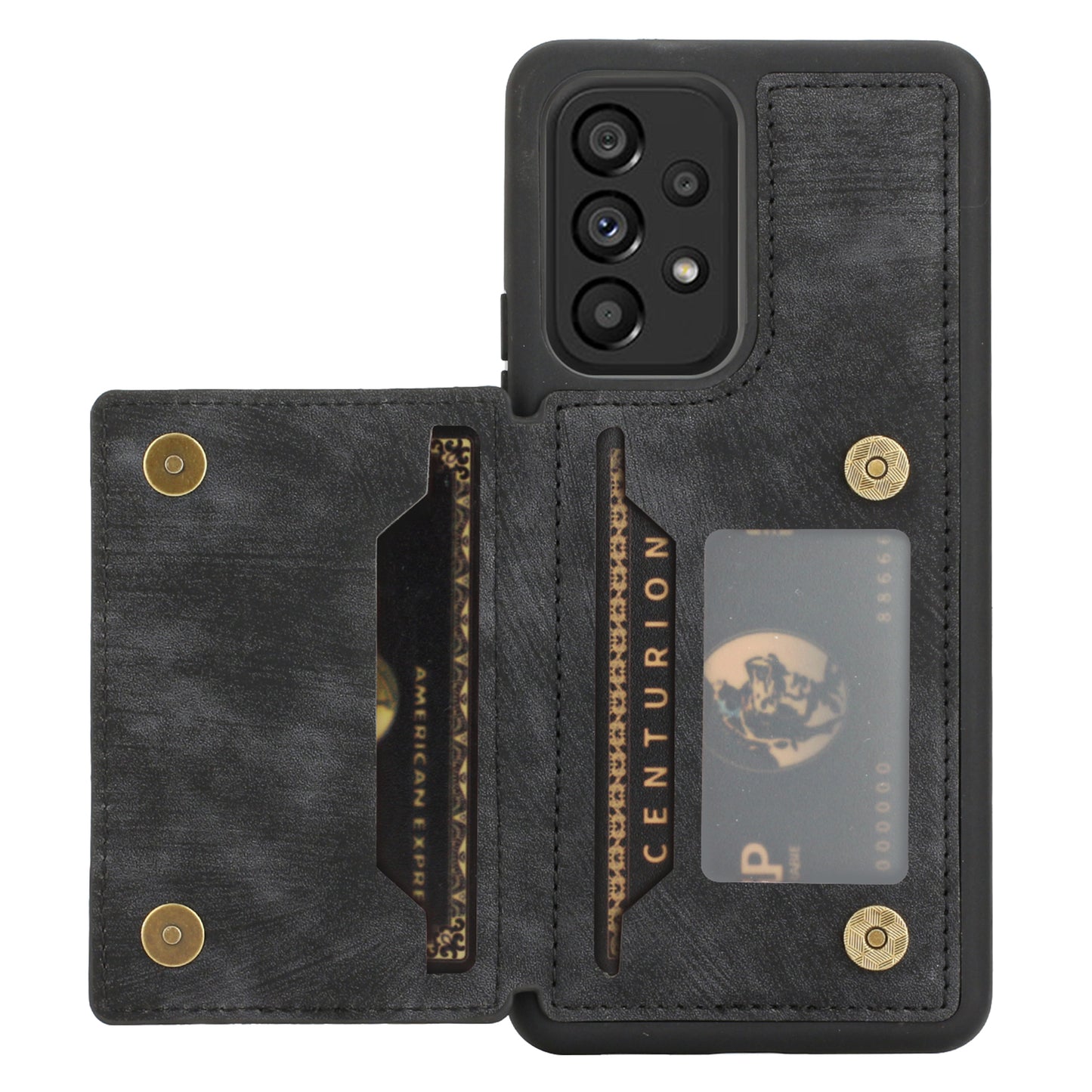 For Samsung Galaxy A13 4G / A13 5G / A04s 4G (164.7 x 76.7 x 9.1 mm) / A04 4G (164.4 x 76.3 x 9.1 mm) / M13 5G PU Leather Coated TPU Phone Case Dual Card Holder Kickstand Magnetic Cover