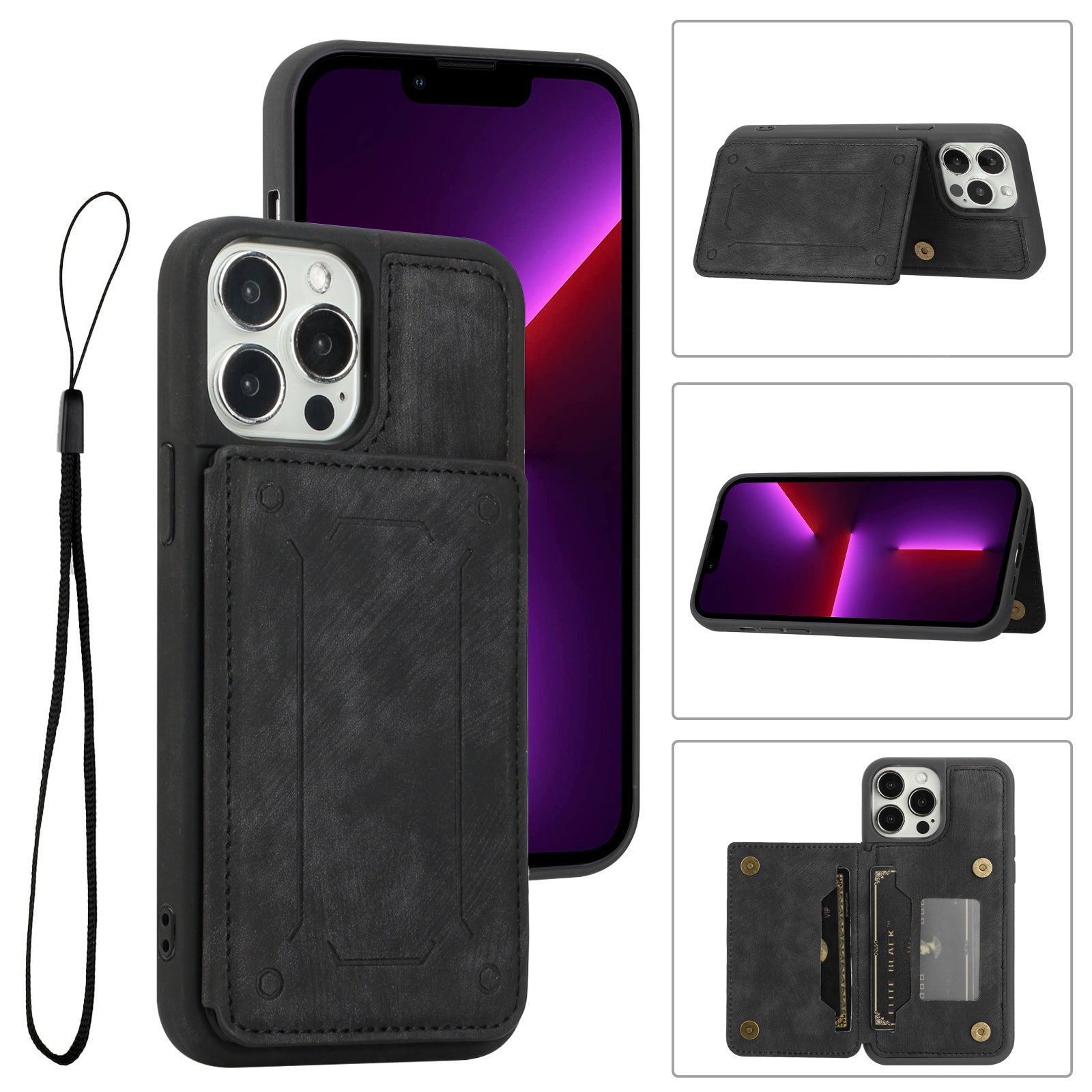 Back Shell for iPhone 13 Pro 6.1 inch, Anti-collision PU Leather Coated TPU Phone Case Dual Card Holder Kickstand Magnetic Cover