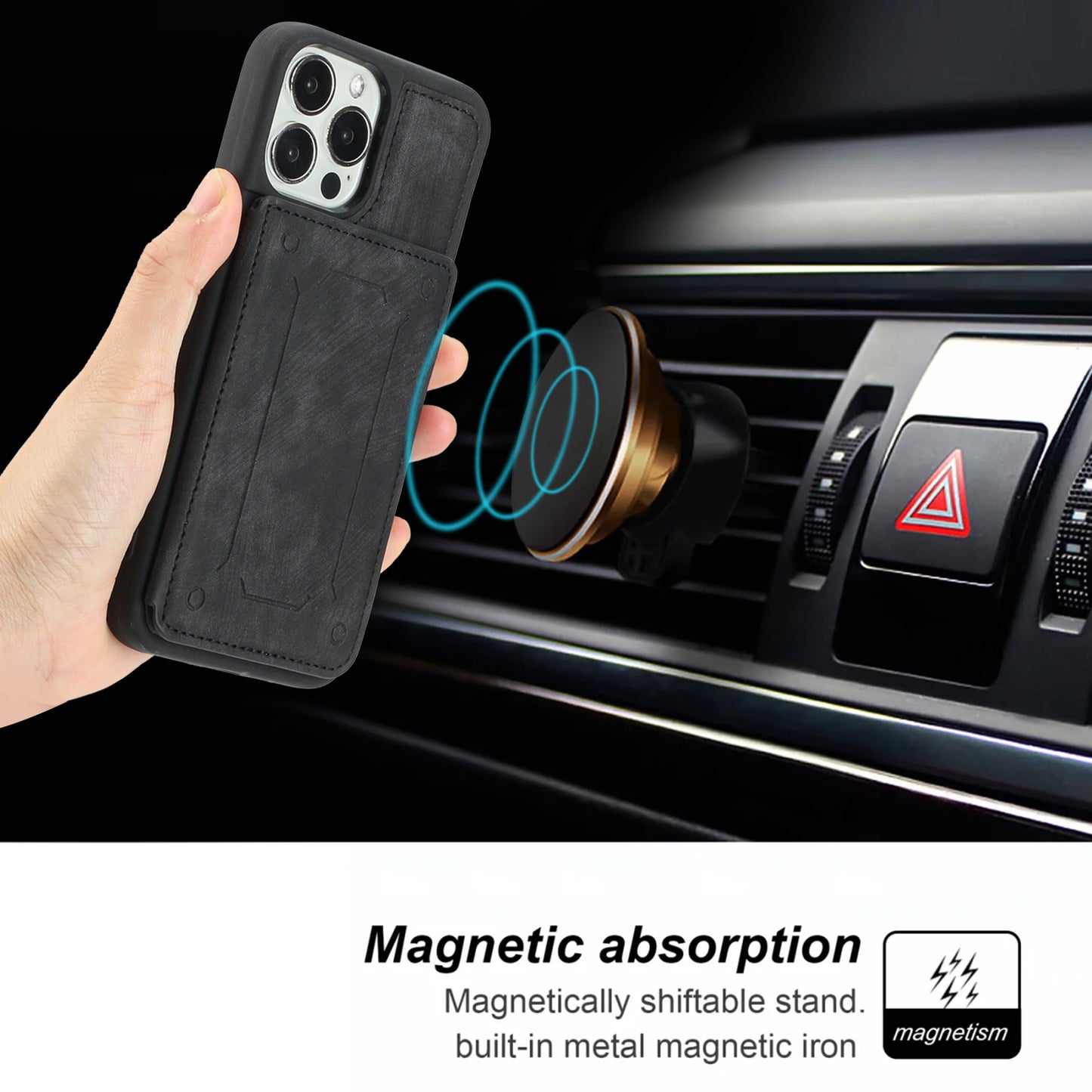 Back Shell for iPhone 13 Pro 6.1 inch, Anti-collision PU Leather Coated TPU Phone Case Dual Card Holder Kickstand Magnetic Cover