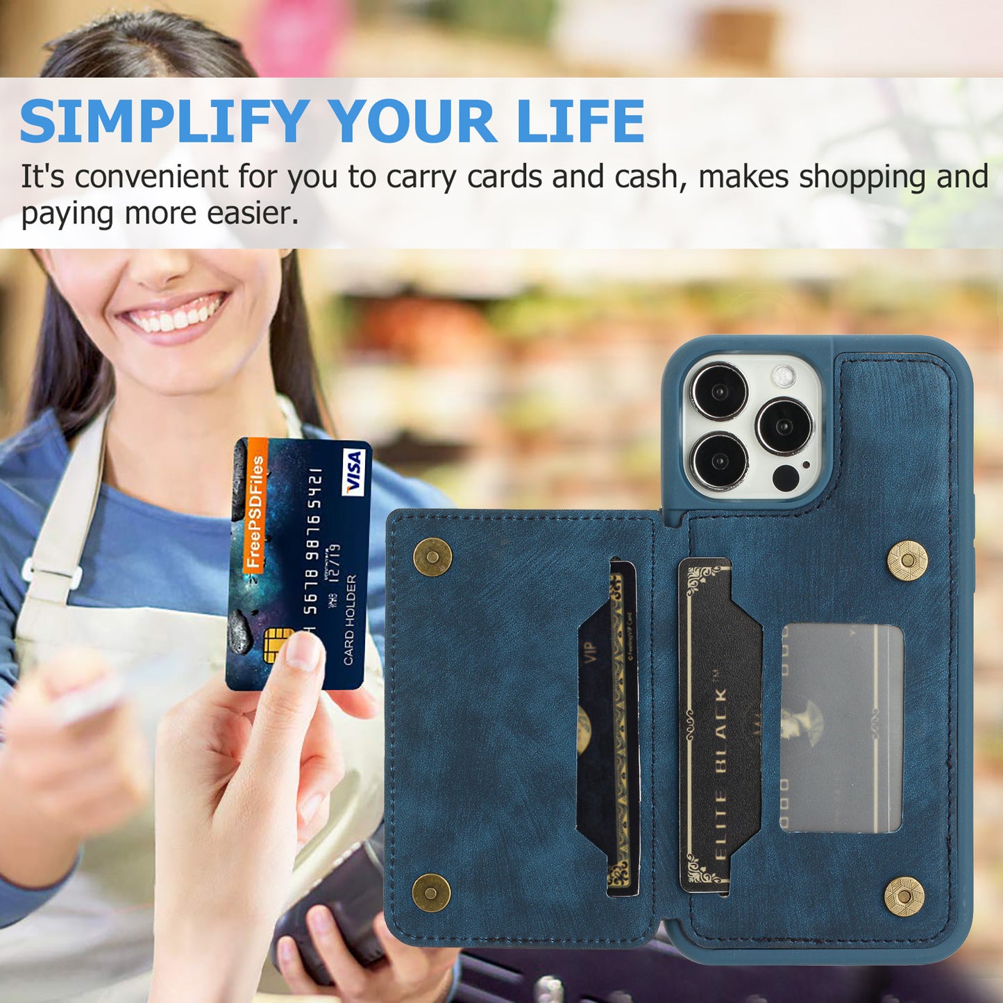 Back Shell for iPhone 13 Pro 6.1 inch, Anti-collision PU Leather Coated TPU Phone Case Dual Card Holder Kickstand Magnetic Cover