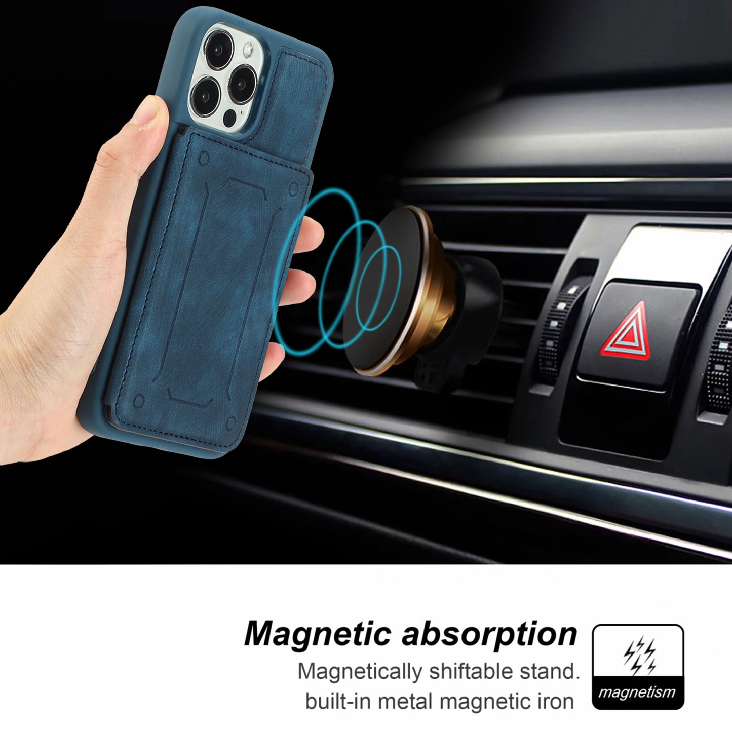 Back Shell for iPhone 13 Pro 6.1 inch, Anti-collision PU Leather Coated TPU Phone Case Dual Card Holder Kickstand Magnetic Cover