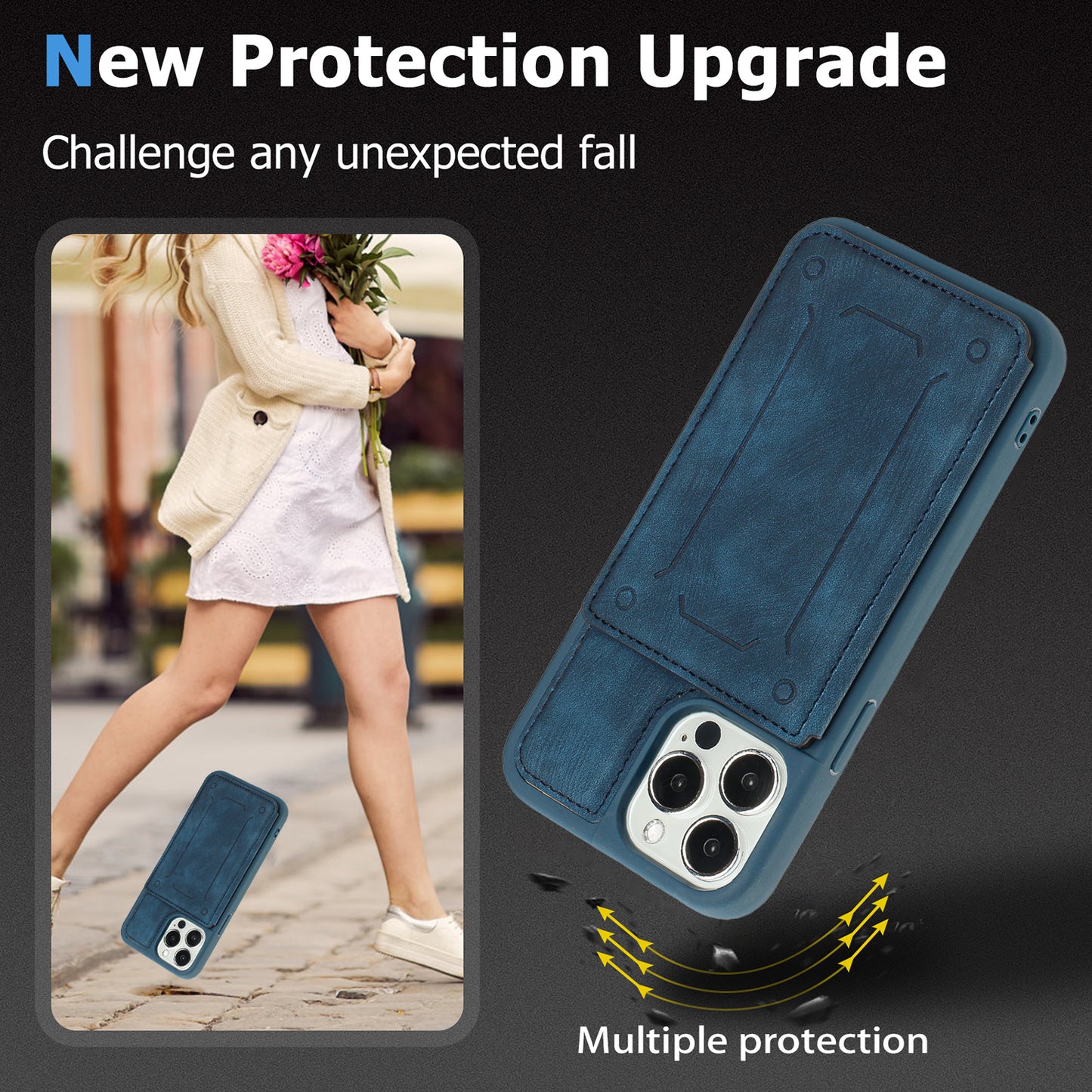 Back Shell for iPhone 13 Pro 6.1 inch, Anti-collision PU Leather Coated TPU Phone Case Dual Card Holder Kickstand Magnetic Cover
