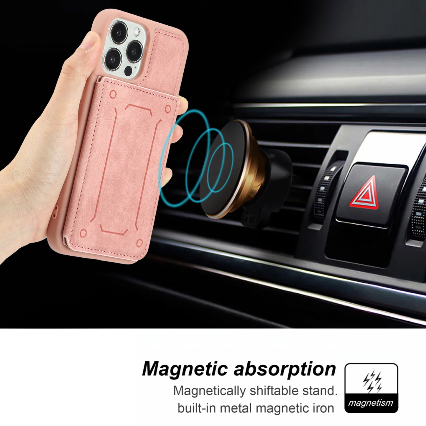 Back Shell for iPhone 13 Pro 6.1 inch, Anti-collision PU Leather Coated TPU Phone Case Dual Card Holder Kickstand Magnetic Cover
