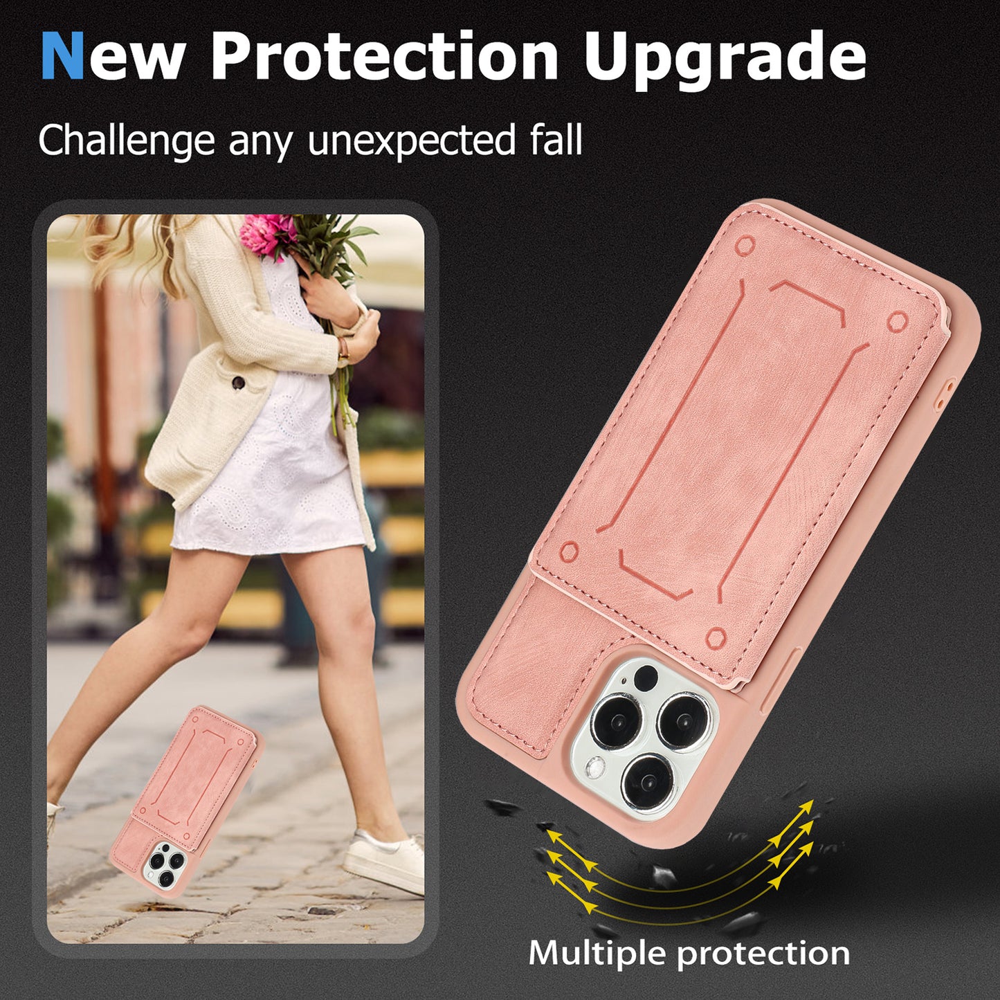 Back Shell for iPhone 13 Pro 6.1 inch, Anti-collision PU Leather Coated TPU Phone Case Dual Card Holder Kickstand Magnetic Cover