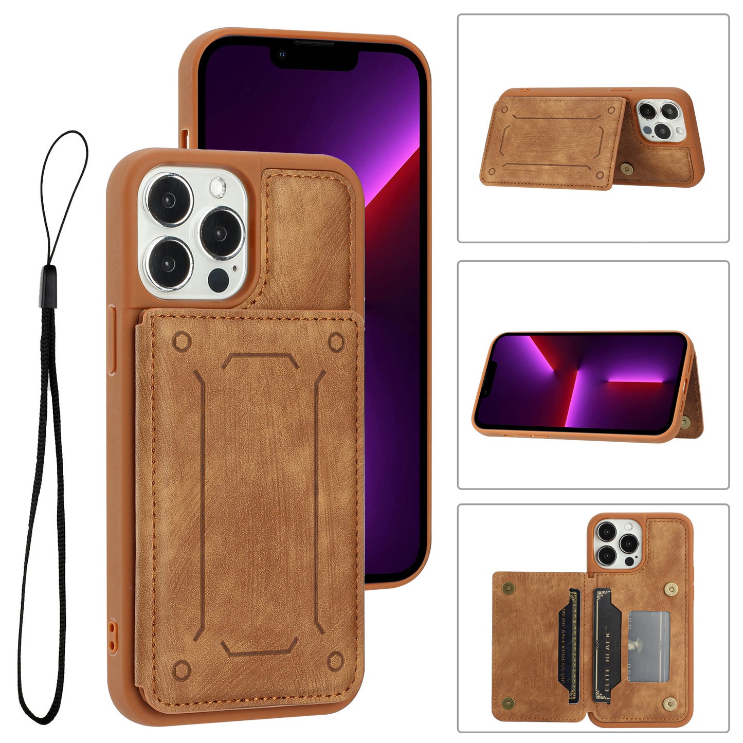 Back Shell for iPhone 13 Pro 6.1 inch, Anti-collision PU Leather Coated TPU Phone Case Dual Card Holder Kickstand Magnetic Cover