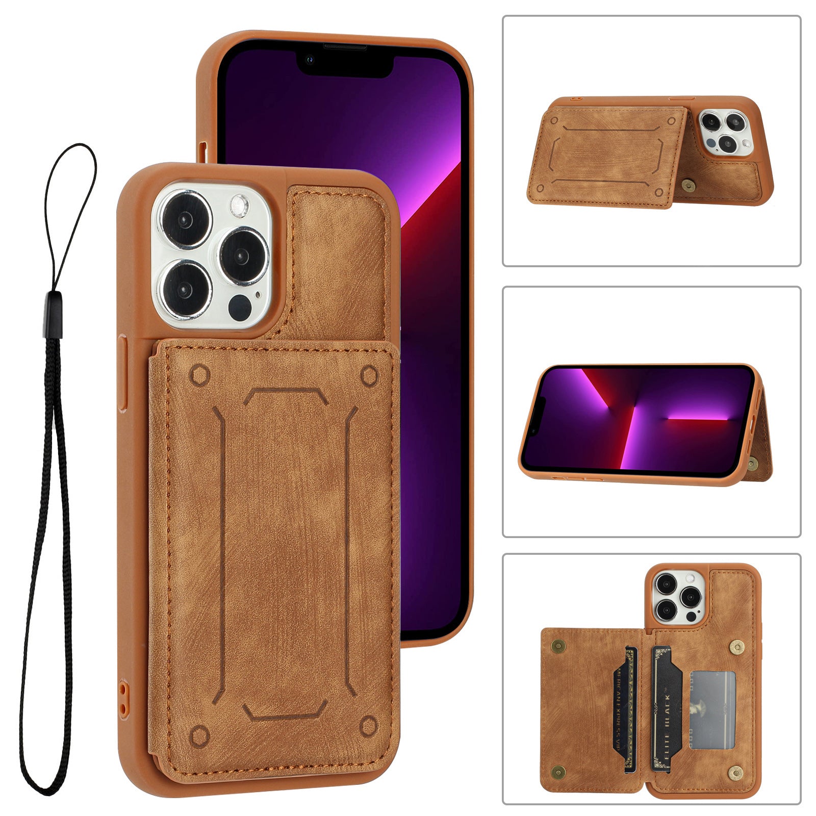 Back Shell for iPhone 13 Pro 6.1 inch, Anti-collision PU Leather Coated TPU Phone Case Dual Card Holder Kickstand Magnetic Cover