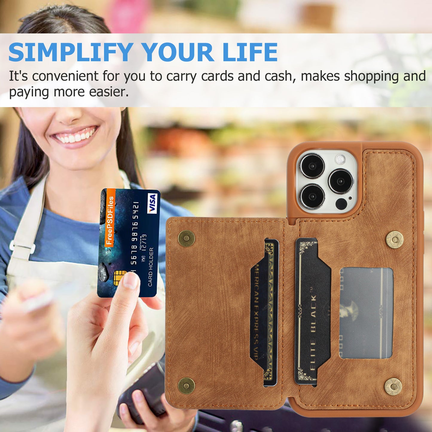 Back Shell for iPhone 13 Pro 6.1 inch, Anti-collision PU Leather Coated TPU Phone Case Dual Card Holder Kickstand Magnetic Cover