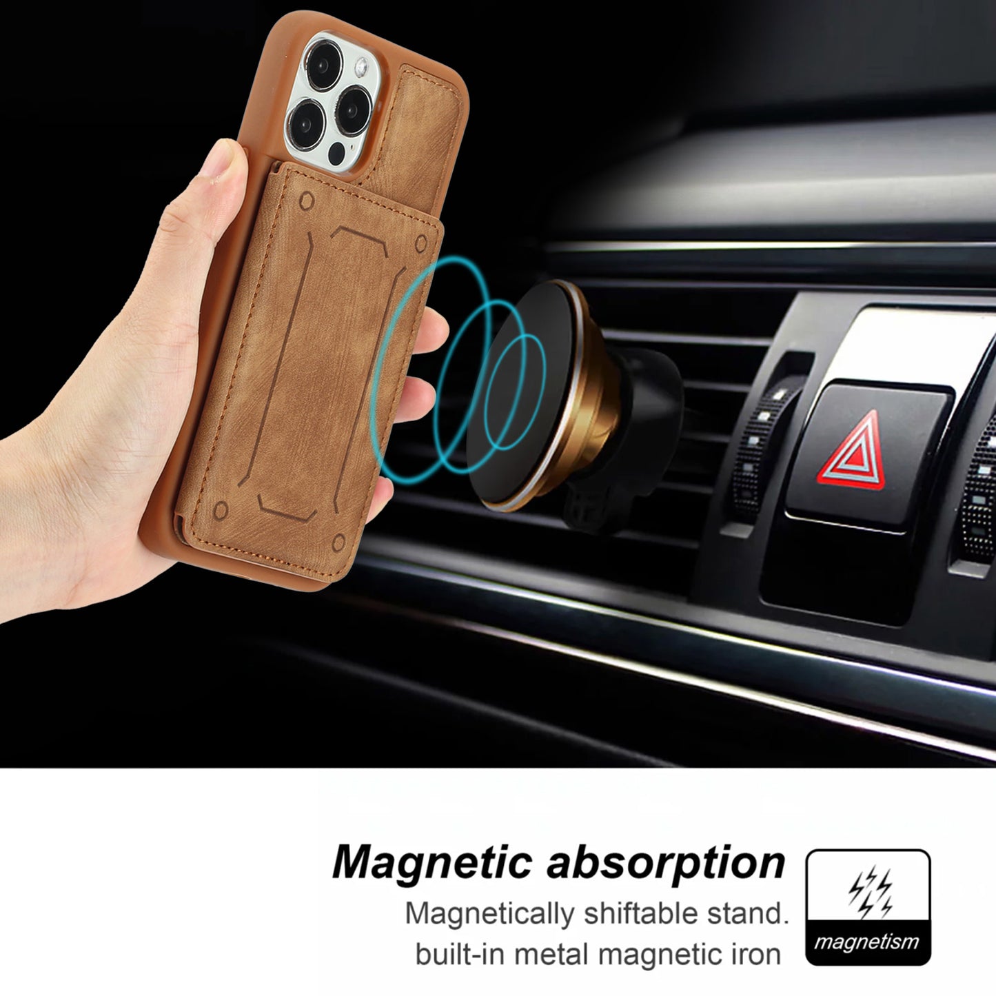 Back Shell for iPhone 13 Pro 6.1 inch, Anti-collision PU Leather Coated TPU Phone Case Dual Card Holder Kickstand Magnetic Cover