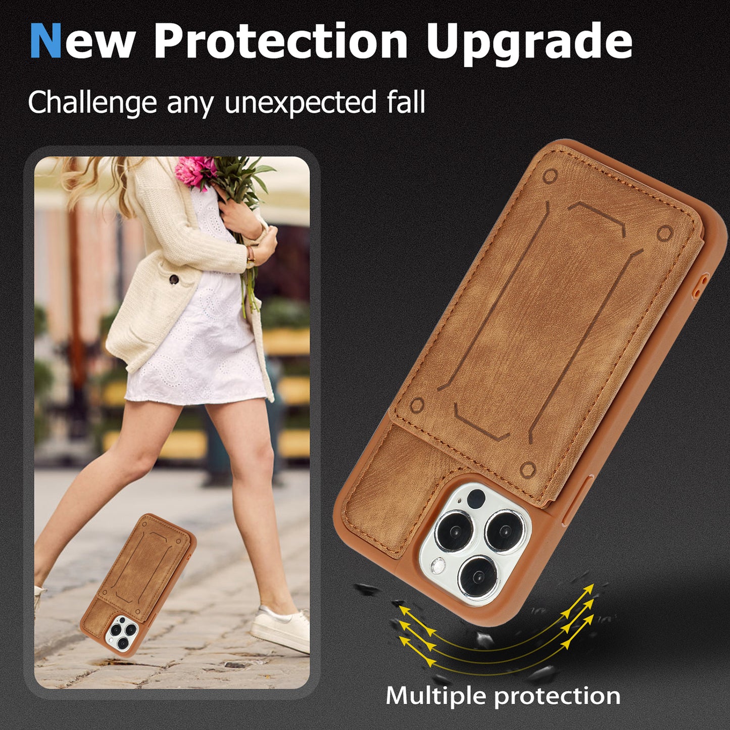 Back Shell for iPhone 13 Pro 6.1 inch, Anti-collision PU Leather Coated TPU Phone Case Dual Card Holder Kickstand Magnetic Cover