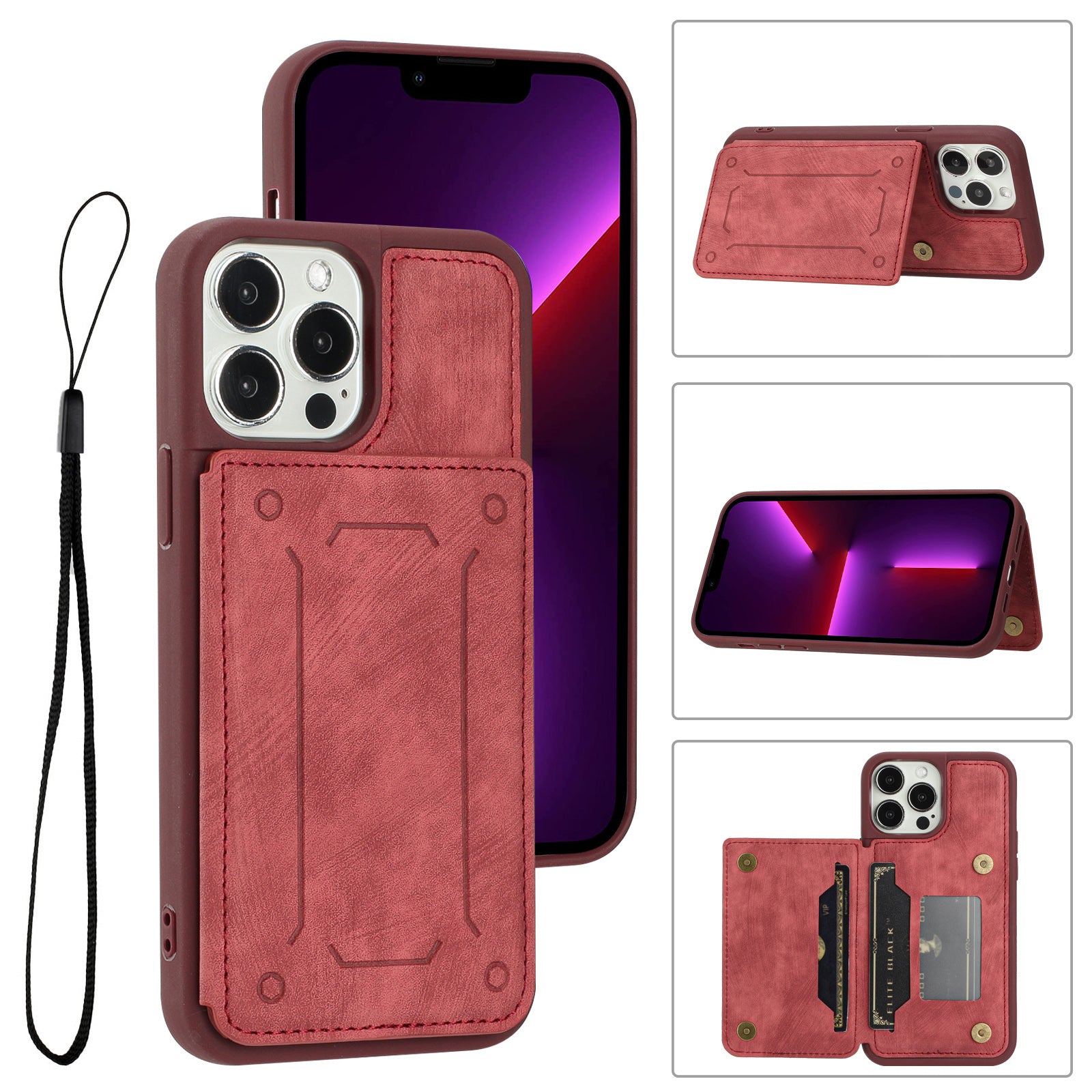 Back Shell for iPhone 13 Pro 6.1 inch, Anti-collision PU Leather Coated TPU Phone Case Dual Card Holder Kickstand Magnetic Cover