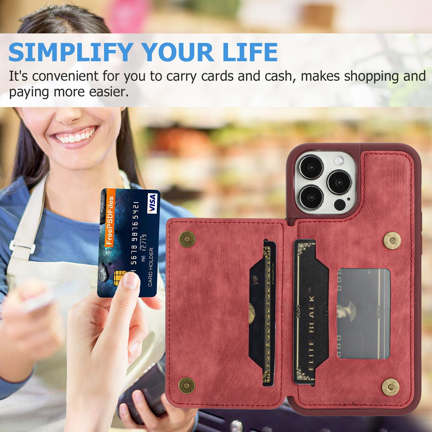 Back Shell for iPhone 13 Pro 6.1 inch, Anti-collision PU Leather Coated TPU Phone Case Dual Card Holder Kickstand Magnetic Cover
