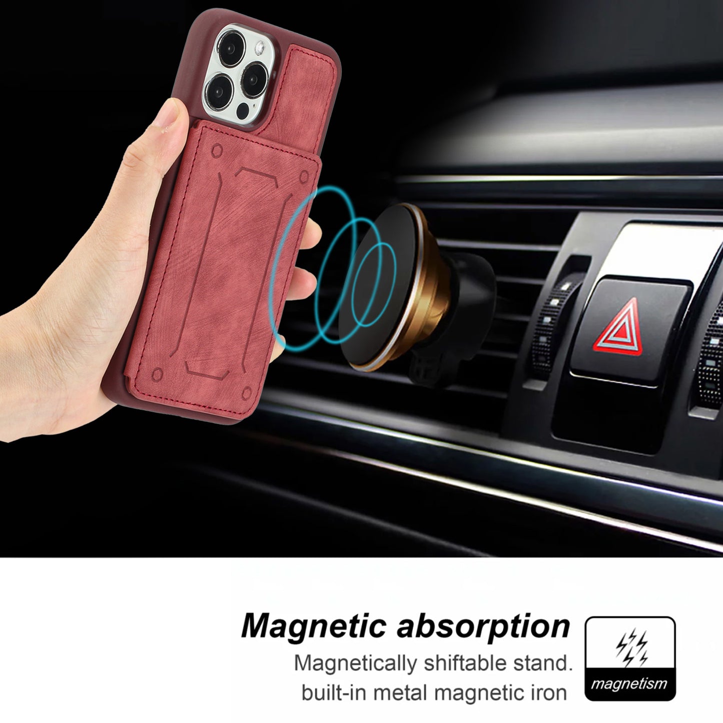 Back Shell for iPhone 13 Pro 6.1 inch, Anti-collision PU Leather Coated TPU Phone Case Dual Card Holder Kickstand Magnetic Cover
