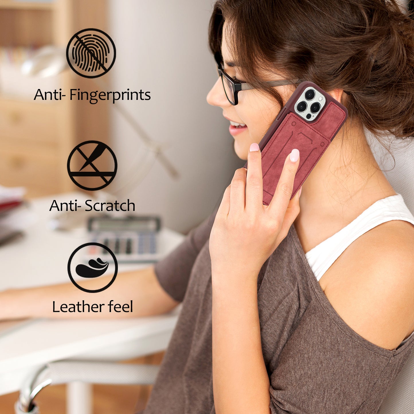 Back Shell for iPhone 13 Pro 6.1 inch, Anti-collision PU Leather Coated TPU Phone Case Dual Card Holder Kickstand Magnetic Cover