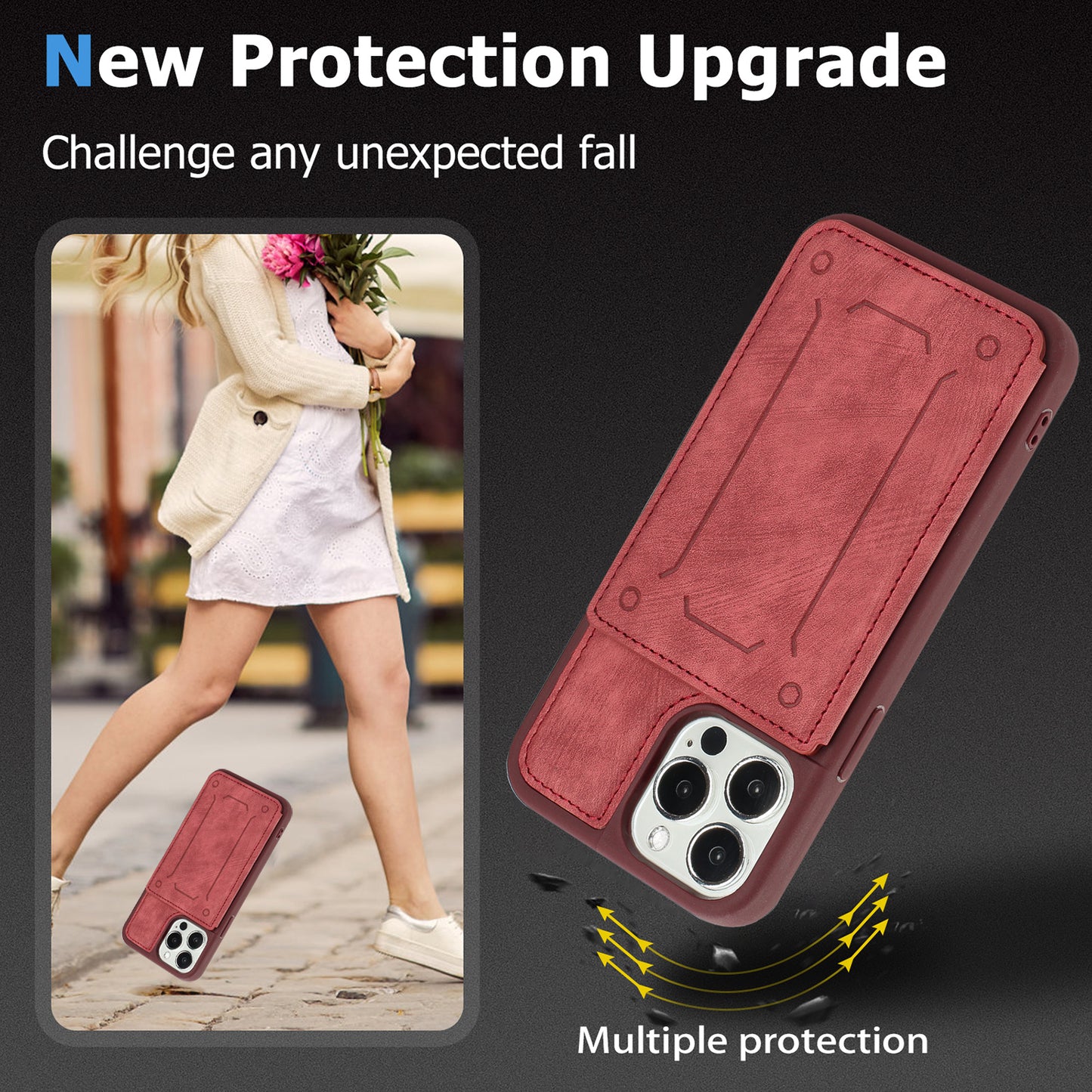 Back Shell for iPhone 13 Pro 6.1 inch, Anti-collision PU Leather Coated TPU Phone Case Dual Card Holder Kickstand Magnetic Cover