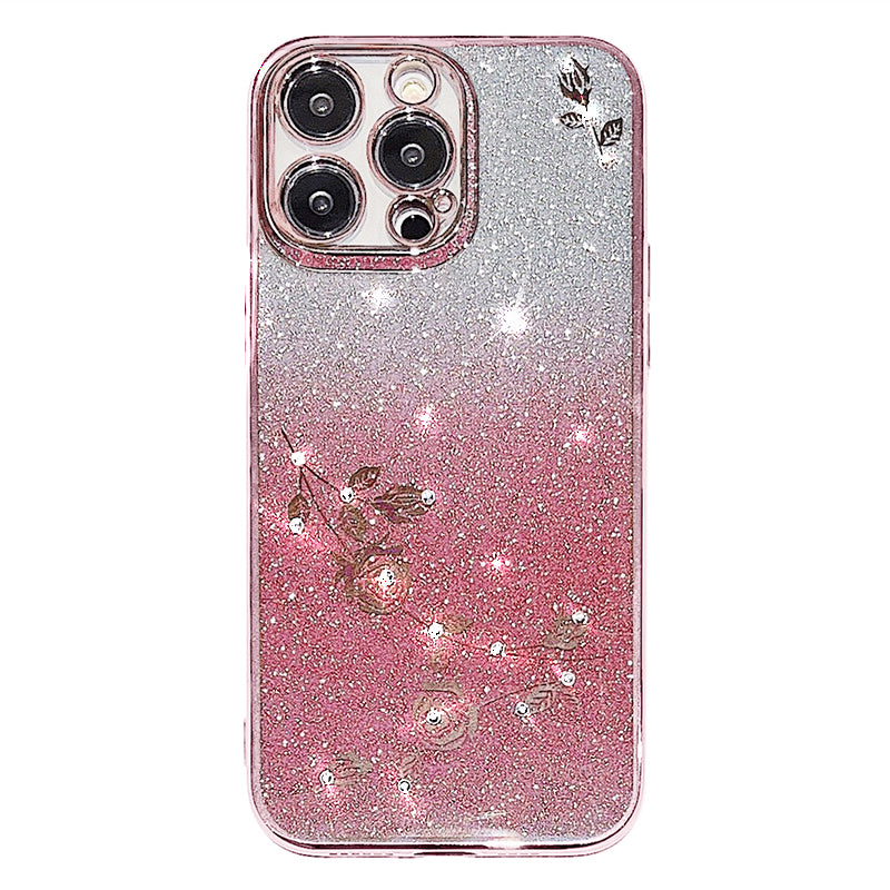 For iPhone 13 Pro 6.1 inch Gradient TPU Protective Cover Rhinestone Decor Flower Pattern Glitter Powder Anti-drop Case