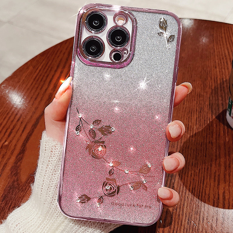 For iPhone 13 Pro 6.1 inch Gradient TPU Protective Cover Rhinestone Decor Flower Pattern Glitter Powder Anti-drop Case