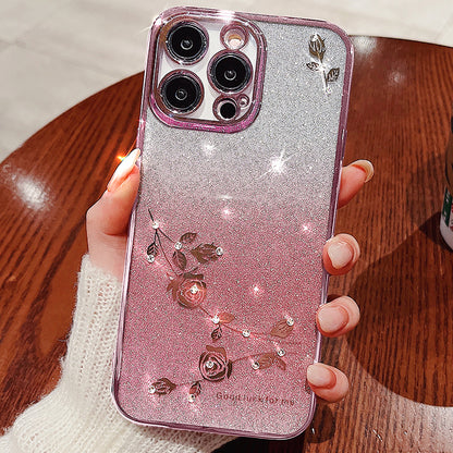 For iPhone 13 Pro 6.1 inch Gradient TPU Protective Cover Rhinestone Decor Flower Pattern Glitter Powder Anti-drop Case