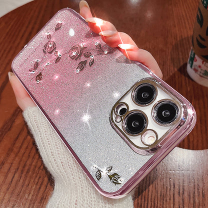 For iPhone 13 Pro 6.1 inch Gradient TPU Protective Cover Rhinestone Decor Flower Pattern Glitter Powder Anti-drop Case