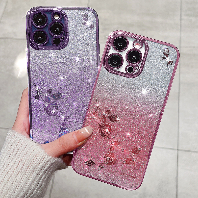 For iPhone 13 Pro 6.1 inch Gradient TPU Protective Cover Rhinestone Decor Flower Pattern Glitter Powder Anti-drop Case