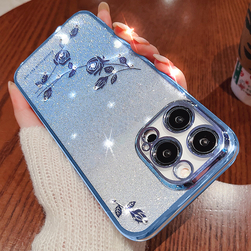 For iPhone 13 Pro 6.1 inch Gradient TPU Protective Cover Rhinestone Decor Flower Pattern Glitter Powder Anti-drop Case