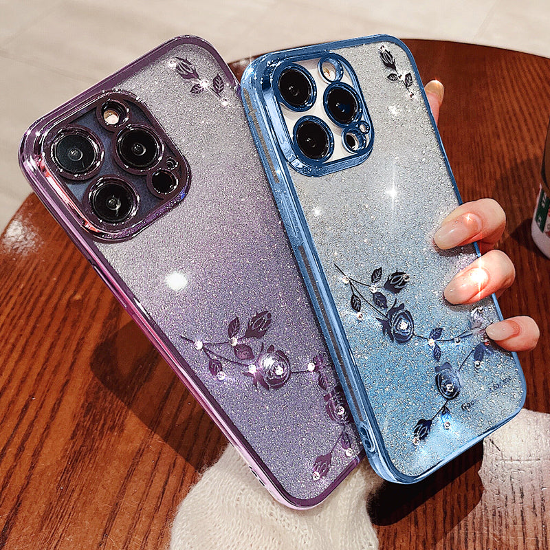 For iPhone 13 Pro 6.1 inch Gradient TPU Protective Cover Rhinestone Decor Flower Pattern Glitter Powder Anti-drop Case