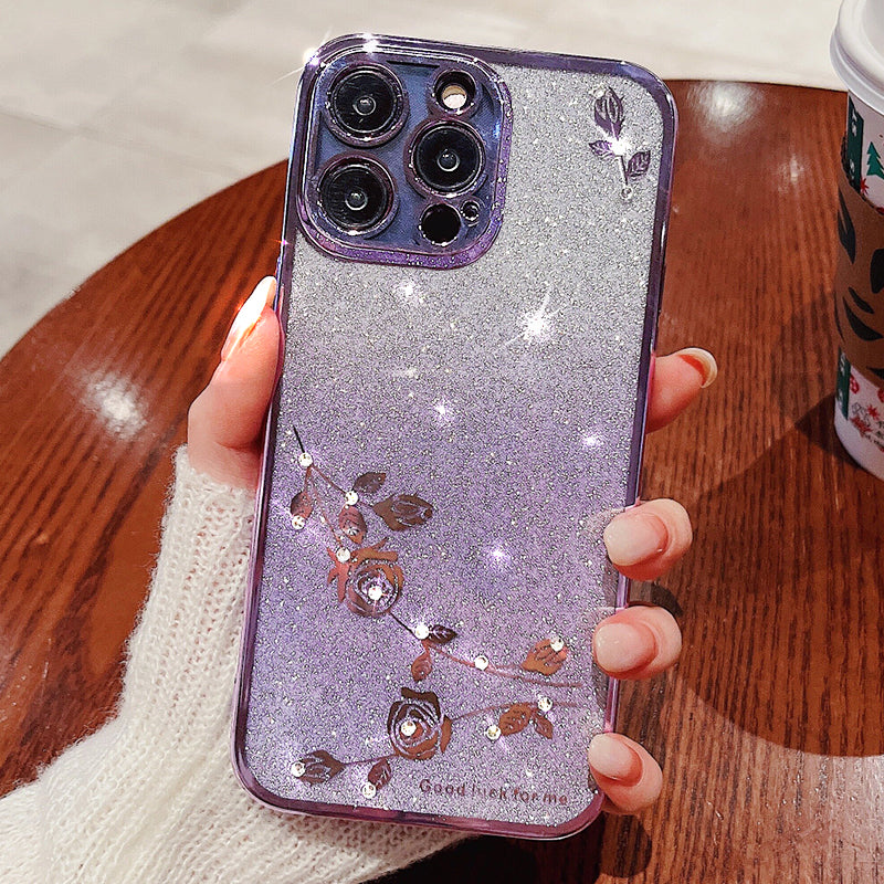 For iPhone 13 Pro 6.1 inch Gradient TPU Protective Cover Rhinestone Decor Flower Pattern Glitter Powder Anti-drop Case