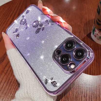 For iPhone 13 Pro 6.1 inch Gradient TPU Protective Cover Rhinestone Decor Flower Pattern Glitter Powder Anti-drop Case