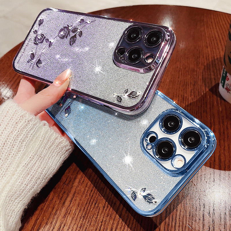 For iPhone 13 Pro 6.1 inch Gradient TPU Protective Cover Rhinestone Decor Flower Pattern Glitter Powder Anti-drop Case