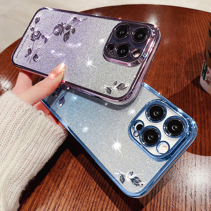For iPhone 13 Pro 6.1 inch Gradient TPU Protective Cover Rhinestone Decor Flower Pattern Glitter Powder Anti-drop Case
